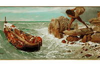 « Ulysse et Polyphème » (1896), d’Arnold Böcklin, inspiré de l’« Odyssée ». Cette détrempe sur bois représente la fuite du héros grec et de ses marins du pays des Cyclopes. Polyphème, dont Ulysse a crevé l’unique œil, laisse éclater sa rage.
