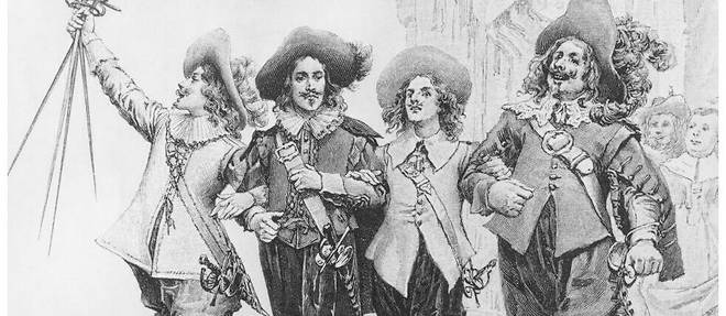 Athos, Porthos, Aramis and D'Artagnan. Illustration des << Trois Mousquetaires >>, d'Alexandre Dumas pere.
