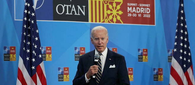 Joe Biden, le president americain, lors de la derniere conference de presse du sommet de l'Otan a Madrid. Un sommet important pour les Etats-Unis, car l'otanisation de l'Europe va se traduire par un renforcement de la presence militaire americaine sur l'Ancien Continent.
