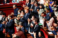 Des membres de La France insoumise, composant notamment l'alliance de la Nupes, à l'Assemblée nationale, mercredi 6 juillet. 

