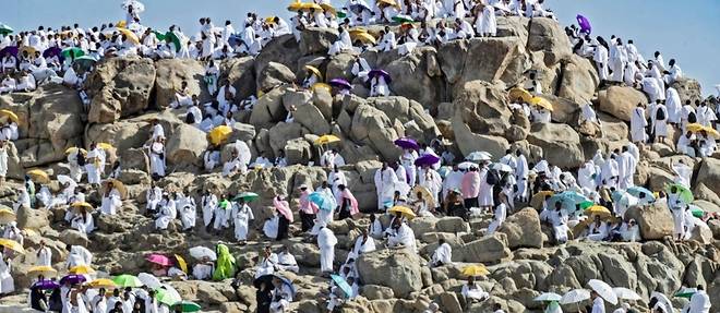 Les pelerins prient sur le mont Arafat, point culminant du hajj