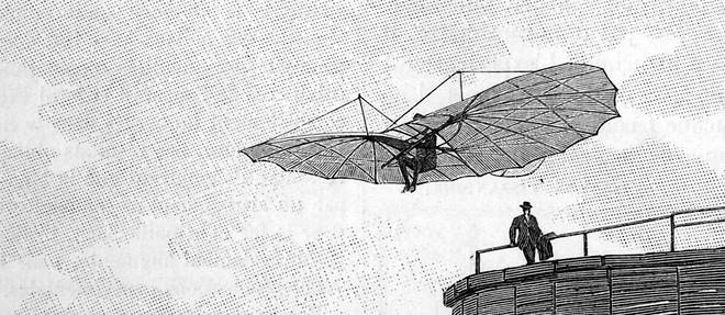 Otto Lilienthal s'elancant d'une tour de bois avec son appareil volant (d'apres une photographie instantanee). Gravure issue de La Nature : revue des sciences et de leurs applications aux arts et a l'industrie du 3 fevrier 1894.  
