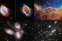 Voici les quatre premieres images du telescope James-Webb devoilees mardi. De haut en bas et de gauche a droite, on y voit la nebuleuse de l'anneau austral, la nebuleuse de la Carene, un groupement compact de galaxies appele Quintette de Stefan et un premier champ profond de Webb obtenu grace aux lentilles gravitationnelles de l'amas galactique SMACS 0723.
