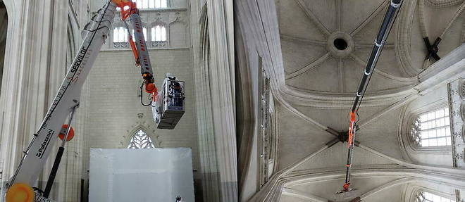 Une nacelle peut se deployer jusqu'a 52 metres de hauteur pour nettoyer la voute de la cathedrale.

