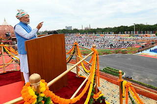 Le Premier ministre indien, le nationaliste Narendra Modi, célèbre le 75e anniversaire de l'indépendance, le 15 août 2022.  
