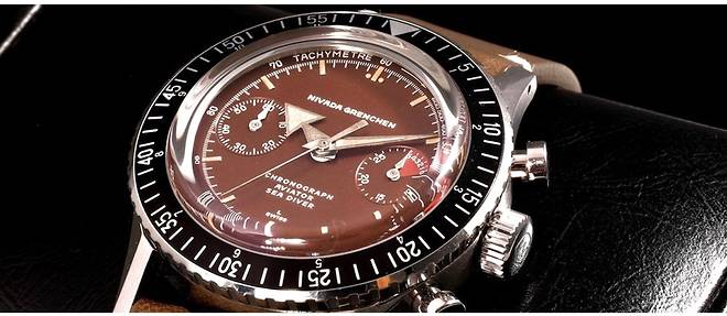 La couleur particuliere du cadran de la montre Nivada Grenchen Chronomaster Aviator Sea Diver, reedition d'un modele de 1963, a ete obtenue par un savant travail de vieillissement.
