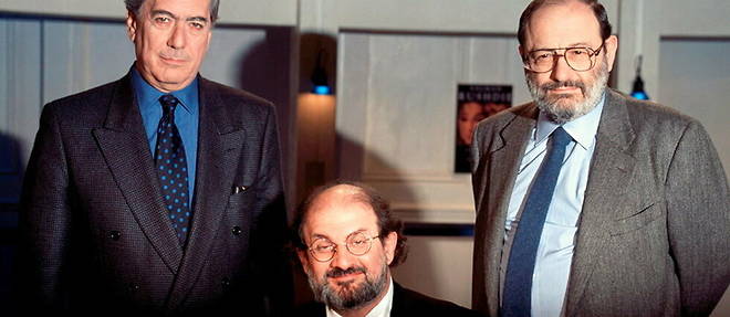 Le 16 fevrier 1996, a Paris, avec Mario Vargas Llosa (a g.) et Umberto Eco, pour une emission speciale de Bernard Pivot.