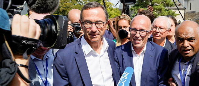 Le senateur Bruno Retailleau et le depute des Alpes-Maritimes Eric Ciotti au campus des Jeunes Republicains, a Angers, le 3 septembre 2022.

