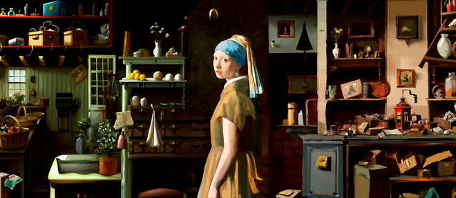 La fonction << outpainting >> de DALL-E 2 permet de reinterpreter des oeuvres (ici, << La Jeune Fille a la perle >> de Vermeer, revue par August Kamp).