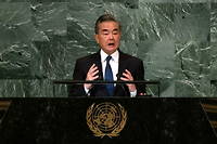 Le ministre chinois des Affaires etrangeres Wang Yi lors de son discours devant l'ONU.
