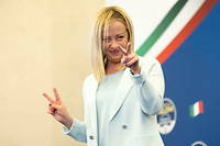 Giorgia Meloni (Fratelli d'Italia) célèbre sa victoire aux élections législatives italiennes, aux premières heures de la nuit, le 26 septembre 2022.
