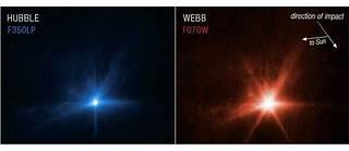 Pour la première fois, le télescope spatial James-Webb et le télescope spatial Hubble ont effectué des observations simultanées de la même cible : l'astéroïde double Didymos après l'impact volontaire de la sonde Dart contre sa lune Dimorphos. 
