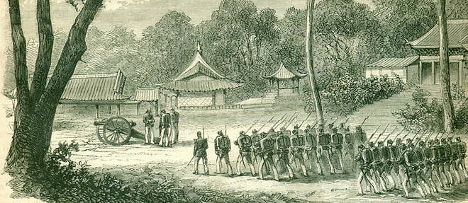 Les militaires francais prennent possession de la ville de Kanghwa, gravure d'epoque de Henri Zuber.
