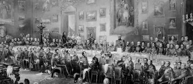 Banquet apres la bataille de Waterloo (gravure, vers 1846). Chaque annee, a Apsley House, le duc de Wellington donnait une reception dans la Waterloo Gallery afin de commemorer sa victoire sur Napoleon.
