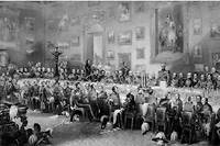  Banquet après la bataille de Waterloo  (gravure, vers 1846). Chaque année, à Apsley House, le duc de Wellington donnait une réception dans la Waterloo Gallery afin de commémorer sa victoire sur Napoléon.
