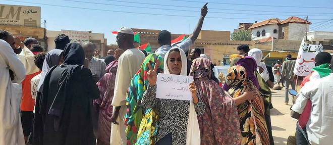 Le 25 octobre, au coeur du cortege pro-democratie de Khartoum, la manifestante Hadeel Taha brandit une affiche "Le Nil Bleu saigne" en reference au massacre intervenu la semaine precedente.
