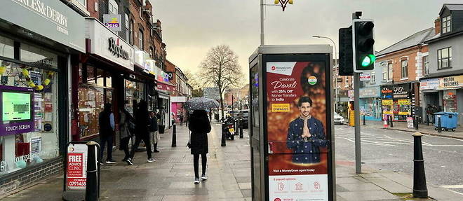 In Leicester (central England), on November 1, 2022, an advertisement offers discounts to the Indian diaspora for sending money to India, on Belgrave Road, a street nicknamed 