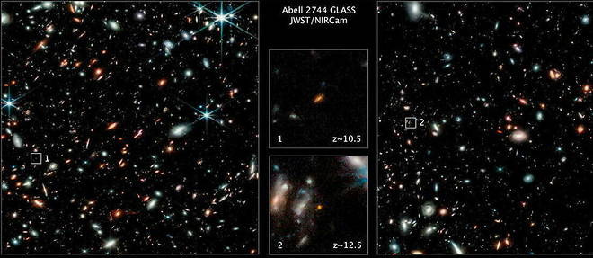 Cette image de la camera proche infrarouge du telescope spatial James-Webb (NIRCam) publiee par la Nasa, le 17 novembre 2022, montre deux des galaxies les plus eloignees vues a ce jour.  Elles se trouvent dans les regions exterieures du superamas de galaxies Abell 2744.
