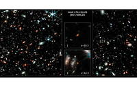 Cette image de la caméra proche infrarouge du télescope spatial James-Webb (NIRCam) publiée par la Nasa, le 17 novembre 2022, montre deux des galaxies les plus éloignées vues à ce jour.  Elles se trouvent dans les régions extérieures du superamas de galaxies Abell 2744.
