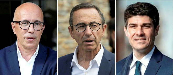 Eric Ciotti, Bruno Retailleau et Aurelien Pradie, les trois candidats a la presidence des Republicains.
