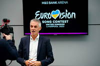 Le directeur general de la BBC, Tim Davie, s'exprime face aux medias alors que sa chaine va retransmettre l'Eurovision 2023.
