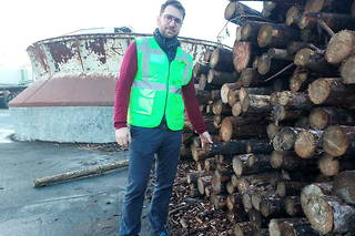            Pierre Grolleau, du groupe Gautier, près du stock de bois issu des forêts incendiées.  
