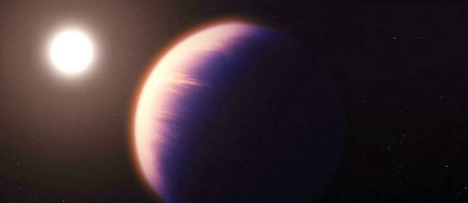 Representation artistique de la planete WASP-39b basee sur les observation de James-Webb mais aussi d'autres telescopes.

