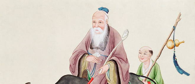 Selon la tradition, Laozi quitta la cour des Zhou sur un buffle, pour aller mener dans l'Ouest une vie d'ermite. Illustration du XVIIIe siecle.
