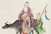 Selon la tradition, Laozi quitta la cour des Zhou sur un buffle, pour aller mener dans l’Ouest une vie d’ermite. Illustration du XVIII e  siècle.
