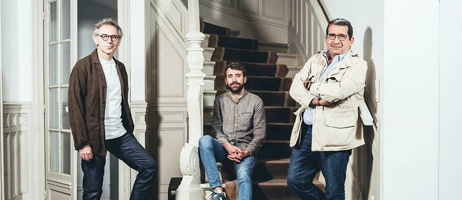 Gilles Finchelstein, Jeremy Peltier et Laurent Cohen dans les locaux de la Fondation Jaures a Paris.
