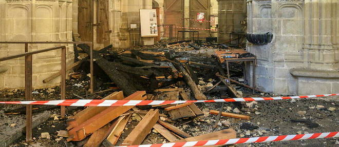 The interior of the Saint-Pierre-et-Saint-Paul cathedral in Nantes after the fire that broke out on July 18, 2020. 
