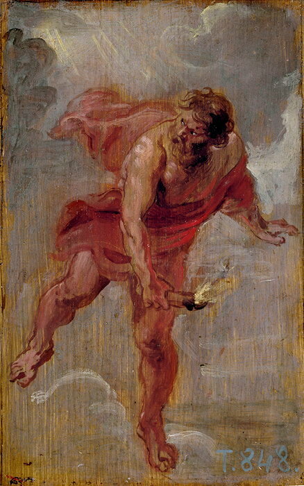 
        Super-heros. << Promethee >> (1636-1637), huile sur panneau de Petrus Paulus Rubens (1577-1640) qui fait partie des collections du Prado, a Madrid (Espagne). Le grand peintre flamand montre le colosse fuyant l'Olympe, ou il vient de derober le feu sacre.