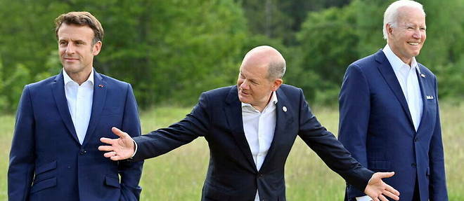 Emmanuel Macron, Olaf Scholz et Joe Biden lors du sommet du G7 en Allemagne en juin 2022.
