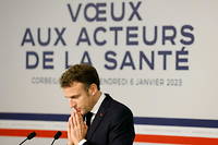 Emmanuel Macron lors de ses voeux aux acteurs de la sante, au Centre hospitalier sud-francilien   de Corbeil-Essonnes, le 6 janvier 2023.
