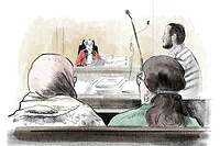 Dessin realise au tribunal de Paris, ou Jonathan Geffroy et sa femme Latifa comparaissaient devant la cour d'assises speciale.
