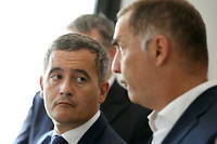 Le ministre de l'Interieur Gerald Darmanin et le president du Conseil executif de Corse Gilles Simeoni a Bastia, le 22 juillet 2022.
