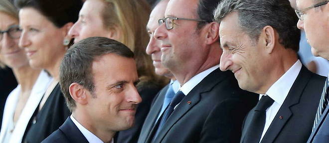 Le president Emmanuel Macron, les ex-presidents Francois Hollande et Nicolas Sarkozy se retrouvent pendant la ceremonie de commemoration de l'attentat de Nice.
