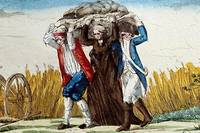 Révolution francaise : « Le temps présent veut que chacun supporte le grand fardeau. » Un paysan, un membre du clergé et un soldat portant à trois le poids de la dette nationale. Caricature de la fin du XVIIIe siècle au musée Carnavalet, à Paris.
