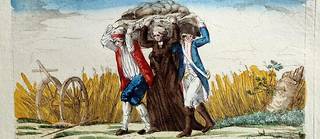 Révolution francaise : « Le temps présent veut que chacun supporte le grand fardeau. » Un paysan, un membre du clergé et un soldat portant à trois le poids de la dette nationale. Caricature de la fin du XVIIIe siècle au musée Carnavalet, à Paris.
