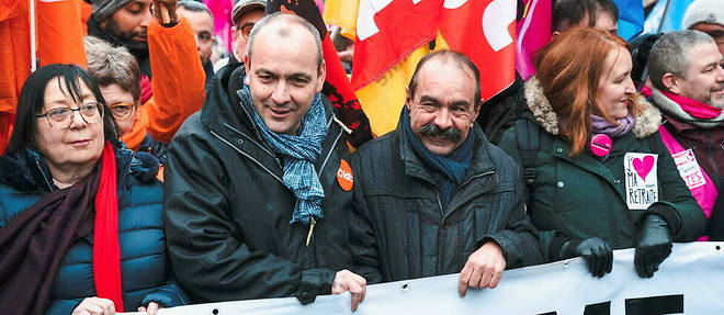 Le secretaire general de la CFDT Laurent Berger et le secretaire general de la CGT Philippe Martinez en tete de la manifestation contre la reforme des retraites,  a Paris, le 19 Janvier 2023.

