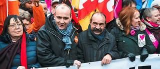 Le secrétaire général de la CFDT Laurent Berger et le secrétaire général de la CGT Philippe Martinez en tête de la manifestation contre la réforme des retraites,  à Paris, le 19 Janvier 2023.
