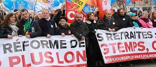 Manifestation du 31 janvier a Paris, entre la place d'Italie et la place Vauban, en presence du patron de la CGT, Philippe Martinez, et de celui de la CFDT, Laurent Berger.

