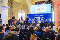 Eric Ciotti au campus des jeunes Republicains au Grenier Saint-Jean, a Angers (Maine-et-Loire), le 3 septembre 2022. A ses cotes, a la tribune : Alexandra Borchio Fontimp, Nadine Morano, Gilles Platret  et Victor Bonnin.

