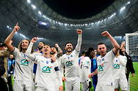 Les joueurs de l’OM célèbrent leur victoire face au PSG en huitièmes de finale de la Coupe de France.
