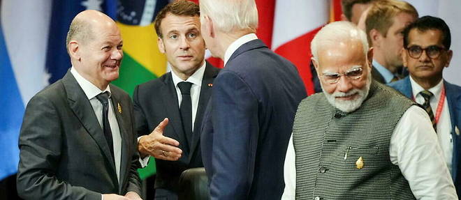 Olaf Scholz, Emmanuel Macron, Joe Biden et Narendra Modi, lors du dernier G20. 
