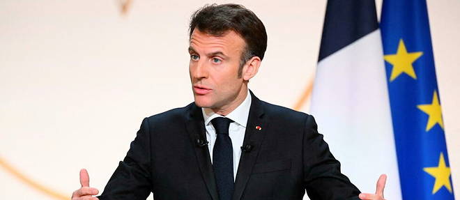 Emmanuel Macron lors de son discours consacre a l'Afrique, le 27 fevrier 2023 a l'Elysee.

