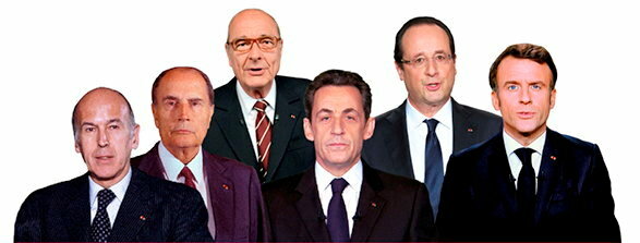 Valery Giscard d'Estain, Francois Mitterrand, Jacques Chirac, Nicolas Sarkozy, Francois Hollande, Emmanuel Macron (from left to right).