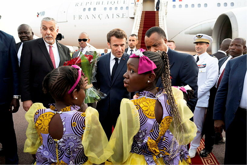 Africa-France.  President Emmanuel Macron is welcomed with great fanfare at Brazzaville airport on March 3 by his counterpart, Denis Sassou-Nguesso, president of the Republic of Congo for more than a quarter of a century.