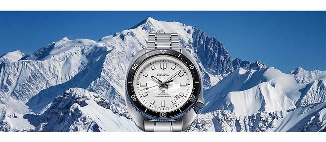 La nouvelle montre Seiko Prospex rend hommage a la beaute du mont Blanc par le dessin figurant sur le cadran.
