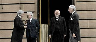  Le Britannique David Lloyd George, l'Italien Vittorio Emanuele Orlando, le Francais Georges Clemenceau et l'Americain Thomas Woodrow Wilson le 28 juin 1919, apres la signature du traite de Versailles.  (C)(C) Giancarlo Costa